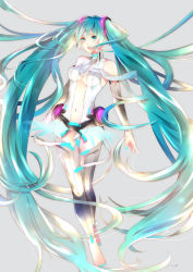 Rule 34 | 1girl, anklet, aqua eyes, aqua hair, bad id, bad pixiv id, barefoot, bridal gauntlets, center opening, full body, hatsune miku, hatsune miku (append), jewelry, long hair, melo (m 0514), navel, necktie, open mouth, simple background, solo, thighhighs, toeless legwear, twintails, very long hair, vocaloid, vocaloid append