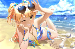 Rule 34 | 1girl, ass, bare shoulders, beach, bikini, blonde hair, blunt bangs, blush, bracelet, breasts, cleavage, cloud, commentary request, day, eyewear on head, foreshortening, full body, idolmaster, idolmaster cinderella girls, jewelry, jougasaki rika, long hair, looking at viewer, lying, necklace, ocean, on stomach, outdoors, sand, side-tie bikini bottom, sky, sleeveless, small breasts, smile, solo, striped bikini, striped clothes, sunglasses, swimsuit, teeth, water, wotori