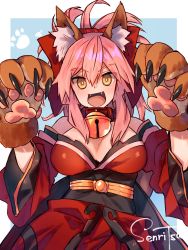 Rule 34 | 10s, 1girl, animal ear fluff, animal ears, animal hands, bell, breasts, cat hair ornament, cat paws, cleavage, collar, fangs, fate/extra, fate/grand order, fate (series), fox ears, fox tail, gloves, hair ornament, hair ribbon, highres, japanese clothes, jingle bell, kimono, kneesocks senritsu, large breasts, long hair, looking at viewer, neck bell, open mouth, paw gloves, pink hair, ponytail, red kimono, red ribbon, ribbon, solo, tail, tamamo (fate), tamamo cat (fate), tamamo cat (first ascension) (fate)