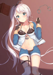Rule 34 | 1girl, ahoge, anchor, asymmetrical legwear, azur lane, bikini, bikini top only, black bikini, black gloves, black panties, blue eyes, blue shorts, blush, book, breasts, cleavage, closed mouth, collarbone, commentary request, cuffs, gloves, groin, handcuffs, highres, houraku, large breasts, long hair, long sleeves, lying, navel, on back, open book, panties, parted bangs, partially fingerless gloves, portland (azur lane), short shorts, shorts, side ponytail, silver hair, single thighhigh, smile, solo, star (symbol), swimsuit, thighhighs, underwear, uneven legwear, very long hair, white thighhighs