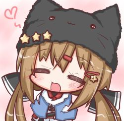 Rule 34 | 1girl, :3, :d, = =, animal hat, brown hair, capelet, cat hat, chibi, commentary request, hair ornament, hairclip, hat, hat ornament, heart, kantai collection, komakoma (magicaltale), long hair, open mouth, pink background, smile, solo, star (symbol), star hat ornament, tashkent (kancolle), twintails