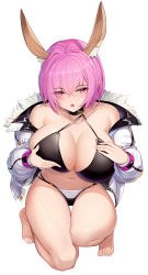 Rule 34 | 1girl, absurdres, alternate costume, animal ears, bad id, bad pixiv id, bare legs, bikini, black bikini, blush, breasts, btraphen, cleavage, collar, collarbone, fate/grand order, fate (series), fur trim, highres, jacket, large breasts, looking at viewer, mash kyrielight, navel, on one knee, open clothes, open jacket, open mouth, purple eyes, purple hair, short hair, simple background, solo, swimsuit, white background