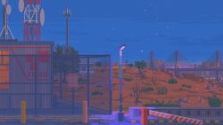 Rule 34 | animated, animated gif, bollard, boom barrier, bridge, building, bush, chain-link fence, city lights, commentary, desert, english commentary, fence, highres, kldpxl, mountain, night, night sky, no humans, original, orion (constellation), outdoors, pixel art, plant, radio tower, satellite dish, scenery, shooting star, sign, sky, star (sky), starry sky, transmission tower, tree, warning sign