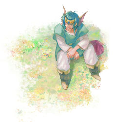 Rule 34 | 1boy, bag, belt, blue eyes, blue gemstone, boots, collarbone, commentary request, dragon quest, dragon quest iv, full body, gem, grass, green hair, green tunic, hair between eyes, headpiece, hero (dq4), knees up, looking to the side, male focus, medium hair, pants, shirt, sitting, solo, white pants, white shirt, yuza