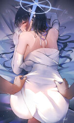 Rule 34 | 1girl, 1other, ass, bed sheet, black hair, blue archive, blue eyes, blue hair, blue halo, blush, colored inner hair, dress, elbow gloves, gloves, halo, highres, long hair, multicolored hair, official alternate costume, open mouth, saori (blue archive), saori (dress) (blue archive), sea nami, signature, solo focus, strapless, strapless dress, white dress, white gloves