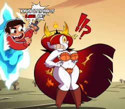 Rule 34 | !?, 1boy, 1girl, absurdres, assisted exposure, boots, bra, breasts, brown hair, character request, colored skin, curvy, fire, full body, hair over one eye, hekapoo, highres, horns, knees together feet apart, long hair, magic, marco diaz, medium breasts, navel, orange bra, orange panties, outdoors, panties, plump, pointy ears, portal (object), red hair, round teeth, speech bubble, standing, star vs the forces of evil, surprised, tagme, teeth, tree, underwear, underwear only, very long hair, white skin