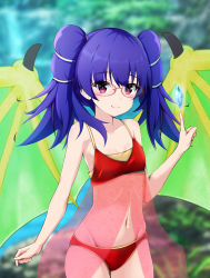 Rule 34 | 1girl, absurdres, bikini, blurry, blurry background, blush, closed mouth, cowboy shot, crystal, dragon girl, dragon wings, dragonstone, fire emblem, fire emblem: the sacred stones, flat chest, floral print, gem, glasses, glowing, gold trim, green wings, hair tie, hand up, highres, honma (honmatomohiro), light smile, long hair, looking at viewer, multi-tied hair, myrrh (fire emblem), navel, nintendo, pale skin, pointing, purple hair, red bikini, red eyes, see-through swimsuit, shiny skin, smile, solo, standing, stone, swimsuit, thighs, twintails, wings, yellow wings