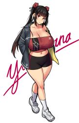 Rule 34 | bike shorts, black hair, black jacket, breasts, cleavage, erkaz, highres, huge breasts, jacket, long hair, navel, open clothes, open jacket, original, red eyes, simple background, solo, thighs, twintails, very long hair, white background, yukihana (erkaz)