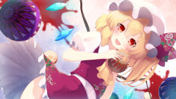 Rule 34 | 1girl, ambiguous red liquid, ascot, ball, blonde hair, bow, commentary request, dutch angle, flandre scarlet, frills, gengetsu chihiro, hat, hat bow, highres, holding, holding ball, looking at viewer, mob cap, open mouth, petticoat, puffy short sleeves, puffy sleeves, red bow, red eyes, short hair, short sleeves, side ponytail, smile, solo, touhou, wings