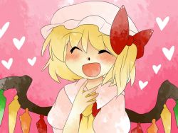 Rule 34 | 1girl, :d, ascot, bad id, bad pixiv id, blonde hair, bow, comic, closed eyes, female focus, flandre scarlet, hair bow, hammer (sunset beach), happy, hat, heart, heart background, open mouth, side ponytail, silent comic, smile, solo, touhou, wings