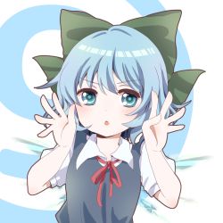Rule 34 | 1girl, blue dress, blue eyes, blue hair, blush, bow, circled 9, cirno, collared shirt, commentary request, d:, dress, green bow, hair between eyes, hair bow, hands up, ice, ice wings, kuromame (8gou), light blue hair, looking at viewer, neck ribbon, open hands, open mouth, pinafore dress, puffy short sleeves, puffy sleeves, red ribbon, ribbon, shirt, short hair, short sleeves, sidelocks, sleeveless dress, solo, touhou, upper body, white shirt, wings