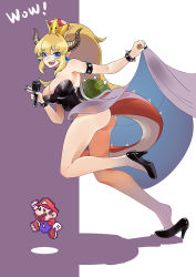 Rule 34 | 1boy, 1girl, absurdres, armlet, ass, bare legs, bare shoulders, bei he xue, black leotard, blonde hair, blue eyes, bowsette, bracelet, breasts, chinese commentary, cleavage, clothes lift, collar, commentary request, expressive clothes, fang, fingernails, high heels, highres, horns, jewelry, large breasts, leotard, lifting own clothes, long fingernails, long hair, mario, mario (series), microphone, nail polish, new super mario bros. u deluxe, nintendo, open mouth, paper mario, pointy ears, ponytail, shell, showgirl skirt, skirt, skirt lift, spiked armlet, spiked bracelet, spiked collar, spikes, super crown, tail, tehepero, v