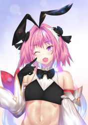 Rule 34 | 1boy, astolfo (fate), astolfo (saber) (fate), black bow, black bowtie, black gloves, black ribbon, blush, bow, bowtie, crop top, detached sleeves, elbow gloves, fang, fate/grand order, fate (series), gloves, hair intakes, long hair, low twintails, majin (kiidoumajin), male focus, multicolored hair, navel, one eye closed, open mouth, pink hair, purple eyes, ribbon, skin fang, smile, solo, streaked hair, trap, twintails, white hair, wide sleeves, wing collar