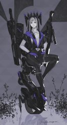 Rule 34 | 1girl, absurdres, black hair, blue eyes, bow (weapon), crossbow, floating, floating object, gloves, greyscale, highres, jacket, long hair, monochrome, multicolored hair, original, plant, purple gloves, shirt, short sleeves, signature, sitting, solo, straight hair, streaked hair, unicycle, v8, weapon, wheel, white shirt