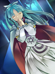 Rule 34 | 1girl, aqua hair, bad id, bad pixiv id, cape, closed mouth, dress, golden sun, hair ribbon, higeka, interlocked fingers, long hair, long sleeves, mia (golden sun), own hands clasped, own hands together, ponytail, ribbon, solo, tree, white cape, white dress, white ribbon, wide ponytail
