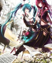 Rule 34 | 3girls, aqua eyes, aqua hair, armband, bad id, bad pixiv id, blush, detached sleeves, hatsune miku, hatsune miku (append), highres, instrument, long hair, megurine luka, multiple girls, notes, open mouth, piano, pink hair, sitting, standing, stu dts, twintails, vocaloid, vocaloid append