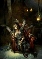 Rule 34 | 1girl, armchair, blonde hair, boots, brown upholstery, candle, chair, creepy, cross-laced footwear, dark, dress, female focus, head tilt, horror (theme), langewong, realistic, sitting, solo, thighhighs