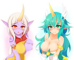 Rule 34 | alternate costume, alternate hair color, animal ears, ayatori (aytr), bare shoulders, blonde hair, blush, breasts, cleavage, closed mouth, collarbone, colored skin, elbow gloves, flashing, frown, gloves, green eyes, green hair, hair between eyes, hair ornament, highres, horns, large breasts, league of legends, long hair, looking at viewer, nipples, off shoulder, one breast out, open mouth, oppai challenge, orange eyes, pointy ears, purple skin, simple background, single horn, soraka (league of legends), star guardian (league of legends), star guardian soraka, very long hair, wings
