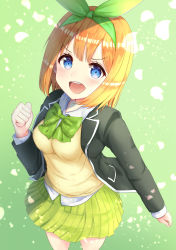 Rule 34 | 1girl, :d, black jacket, blazer, blue eyes, blush, bow, breasts, brown hair, collared shirt, commentary request, go-toubun no hanayome, green bow, green hairband, green ribbon, green skirt, hair ribbon, hairband, highres, jacket, long sleeves, medium breasts, mimikaki (men bow), nakano yotsuba, open clothes, open jacket, open mouth, ribbon, round teeth, school uniform, shirt, skirt, sleeves past wrists, smile, solo, standing, sweater vest, teeth, upper teeth only, v-shaped eyebrows, white shirt