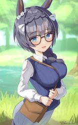 Rule 34 | 1girl, :d, animal ears, between breasts, black-framed eyewear, black hair, blue eyes, blurry, blurry background, blush, braid, breasts, collared shirt, commentary request, dated, day, depth of field, dress shirt, glasses, grey skirt, hair over shoulder, highres, hirota fruit, holding strap, horse ears, large breasts, long hair, long sleeves, open mouth, outdoors, shirt, single braid, skirt, smile, solo, strap between breasts, sweater vest, tree, twitter username, umamusume, white shirt, zenno rob roy (umamusume)