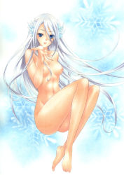 Rule 34 | 1girl, bad id, bad pixiv id, barefoot, blue eyes, blue hair, breasts, feet, hair ornament, long hair, matching hair/eyes, navel, nipples, nude, original, snowflakes, solo, traditional media, trimcolor