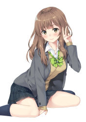 1girl, absurdres, arm between legs, bangs, black skirt, blazer, blue legwear, blush, bow, bowtie, brown hair, closed mouth, collared shirt, dress shirt, eyebrows visible through hair, green eyes, green neckwear, highres, jacket, kneehighs, long hair, long sleeves, looking at viewer, miniskirt, open blazer, open clothes, open jacket, original, plaid, plaid skirt, pleated skirt, school uniform, shiny, shiny hair, shirt, simple background, sitting, skirt, sleeves past wrists, smile, solo, striped, striped bow, striped neckwear, sweater, unasaka ryou, v, white background, white shirt, wing collar