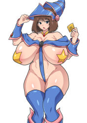Rule 34 | 1girl, bare shoulders, blue eyes, breasts, brown hair, cosplay, curvy, dark magician girl (cosplay), dd (giogio99), huge breasts, looking at viewer, mazaki anzu, revealing clothes, short hair, simple background, solo, star (symbol), thighhighs, white background, yu-gi-oh!