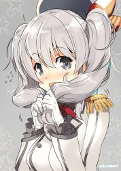 Rule 34 | 10s, 1girl, animal ears, epaulettes, flying sweatdrops, frilled sleeves, frills, gloves, hat, holding, holding hair, kantai collection, kashima (kancolle), naitou ryuu, grey eyes, silver hair, solo, twintails, twitter username, uniform