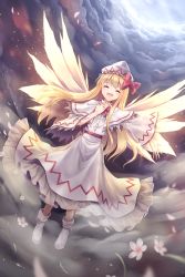 Rule 34 | 1girl, blonde hair, blush, bow, bowtie, capelet, closed eyes, cloud, dress, dutch angle, flower, full body, hand on own chest, hat, hat bow, highres, lily white, long hair, long sleeves, minust, no shoes, open mouth, outstretched arm, petals, petticoat, red bow, red bowtie, sky, smile, socks, solo, touhou, very long hair, white capelet, white dress, white flower, white hat, white socks, wide sleeves, wings