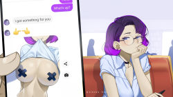 Rule 34 | 1boy, 1girl, absurdres, blue eyes, breasts, choker, cleavage, clothes lift, cross pasties, glasses, half-closed eyes, hand on own face, hetero, highres, holding, holding phone, keiryuu seo, large breasts, looking at viewer, original, pasties, phone, fake phone screenshot, photo background, pov, pov hands, purple hair, round eyewear, selfie, shirt, shirt lift, short hair, sitting, tape, tape on nipples, text messaging, white shirt