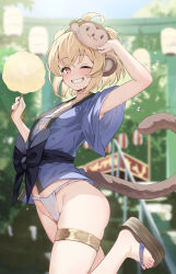 Rule 34 | 1girl, andira (granblue fantasy), animal ears, blonde hair, blurry, blurry background, blush, breasts, chest sarashi, clenched teeth, erune, fundoshi, granblue fantasy, grin, highres, japanese clothes, kimblee, looking at viewer, monkey ears, monkey girl, monkey tail, one eye closed, red eyes, sarashi, short hair, small breasts, smile, solo, standing, standing on one leg, tabi, tail, teeth, thighs, toes