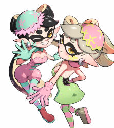 Rule 34 | 2girls, absurdres, black hair, blue gloves, blue hat, blue pantyhose, blush, bow-shaped hair, breasts, callie (splatoon), cephalopod eyes, cleavage, collarbone, cousins, cross-shaped pupils, detached collar, dress, earrings, easter, easter egg, egg, eggshell, eggshell hat, facepaint, fang, gloves, gonzarez, green dress, green pantyhose, grey hair, grin, hat, highres, inkling, jewelry, jumpsuit, long hair, marie (splatoon), medium breasts, mole, mole under eye, multiple girls, nintendo, official alternate color, pantyhose, pink gloves, pink hat, pink jumpsuit, pointy ears, ponytail, short hair, simple background, smile, splatoon (series), splatoon 1, spring (season), squid girl, striped clothes, striped pantyhose, symbol-shaped pupils, teeth, tentacle hair, tentacles, twintails, waving, white background, yellow eyes