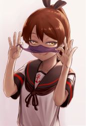 Rule 34 | 1girl, absurdres, anchor symbol, black sailor collar, brown hair, commentary request, highres, kantai collection, lifted by self, looking at viewer, mouth veil, ohaduke, ponytail, sailor collar, sailor shirt, school uniform, serafuku, shikinami (kancolle), shikinami kai ni (kancolle), shirt, short hair, simple background, smile, solo, upper body, veil, veil lift, white background