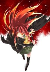 Rule 34 | 00s, 1girl, alastor (shakugan no shana), coat, from above, jewelry, long hair, pendant, red eyes, red hair, school uniform, shakugan no shana, shana, shinozuka atsuto, solo, sword, thighhighs, weapon