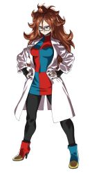 Rule 34 | 1girl, android 21, arm warmers, black nails, black pantyhose, blue eyes, breasts, brown hair, covered navel, dragon ball, dragon ball fighterz, dress, earrings, female focus, full body, glasses, hands on own hips, high heels, hoop earrings, jewelry, lab coat, long hair, long sleeves, medium breasts, multicolored boots, multicolored clothes, multicolored dress, murakami hisashi, nail polish, pantyhose, ring, solo, standing, turtleneck, turtleneck dress