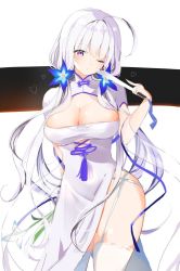 Rule 34 | 1girl, ahoge, azur lane, bare shoulders, blue ribbon, blush, breasts, china dress, chinese clothes, cleavage, dress, flower, folded fan, folding fan, hair flower, hair ornament, hand fan, heart, hoerutarou, illustrious (azur lane), illustrious (maiden lily&#039;s radiance) (azur lane), large breasts, long hair, looking at viewer, low twintails, one eye closed, open mouth, purple eyes, ribbon, solo, thighhighs, thighs, twintails, white background, white hair, white thighhighs