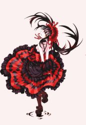 Rule 34 | 10s, 1girl, bare shoulders, black hair, boots, circle skirt, date a live, full body, gothic lolita, heterochromia, highres, lolita fashion, looking back, red eyes, simple background, skirt, solo, tokisaki kurumi, twintails, yellow eyes