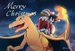 Rule 34 | 2boys, artist name, black hair, blue oak, brown hair, buttons, charizard, christmas, closed mouth, cloud, commentary request, creatures (company), fire, fire, flame-tipped tail, game freak, gen 1 pokemon, gloves, hat, kinui 88, long sleeves, male focus, merry christmas, multiple boys, night, nintendo, open mouth, outdoors, pokemon, pokemon (creature), pokemon adventures, red (pokemon), red eyes, riding, riding pokemon, santa hat, sky, smile, watermark, white gloves