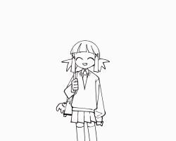 Rule 34 | 1girl, ^ ^, animated, animated gif, arm up, bag, bag charm, ball, blunt bangs, blunt ends, cardigan, charm (object), closed eyes, commentary request, cropped legs, fang, greyscale, hair ornament, injury, jumping, lineart, long sleeves, monochrome, necktie, odayaka, pleated skirt, school bag, school uniform, short hair, short twintails, shoulder bag, sidelocks, simple background, skirt, smile, solo, spot color, thighhighs, twintails, x hair ornament, yaho (zelmoni), zelmoni