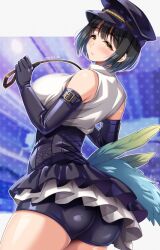 Rule 34 | 1girl, ass, bare shoulders, black hair, blue background, blue corset, blue gloves, blue shorts, blush, border, breasts, corset, cosplay, dated, elbow gloves, from side, gloves, hand up, hat, highres, holding, holding riding crop, idolmaster, idolmaster cinderella girls, idolmaster cinderella girls starlight stage, idolmaster shiny colors, kuwayama chiyuki, kuwayama chiyuki (cosplay), large breasts, looking at viewer, outside border, parted lips, polka dot, polka dot background, riding crop, shirt, short hair, shorts, signature, skin tight, sleeveless, sleeveless shirt, smile, solo, standing, takafuji kako, white border, white shirt, yellow eyes, yoohi
