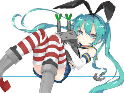 Rule 34 | 1girl, :t, aqua eyes, aqua hair, boots, cosplay, crossover, elbow gloves, gloves, grey footwear, hatsune miku, highres, kantai collection, kou mashiro, long hair, rensouhou-chan, sailor collar, shimakaze (kancolle), shimakaze (kancolle) (cosplay), skirt, spring onion, striped clothes, striped thighhighs, thighhighs, twintails, very long hair, vocaloid, white background