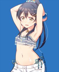 Rule 34 | 1girl, armpits, arms behind head, arms up, bikini, blue background, blue hair, blush, bracelet, commentary request, cowboy shot, hair between eyes, hair ornament, hairclip, jewelry, long hair, looking at viewer, love live!, love live! school idol festival, love live! school idol project, navel, necklace, open mouth, ponytail, shorts, side-tie bikini bottom, simple background, skull573, solo, sonoda umi, swimsuit, yellow eyes