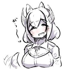 Rule 34 | 1girl, :d, afterimage, animal ear fluff, animal ears, azur lane, blush, breasts, collared shirt, cropped torso, cross, dog ears, dog girl, dog tail, drooling, greyscale, hair between eyes, headgear, heart, iron cross, large breasts, monochrome, open mouth, roon (azur lane), saliva, sharp teeth, shirt, simple background, smile, solo, tail, tail raised, tail wagging, teeth, translation request, u-non (annon&#039;an), upper body, white background