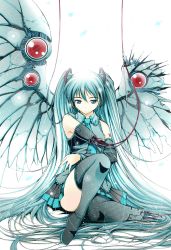 Rule 34 | 1girl, android, detached sleeves, hair ribbon, hatsune miku, highres, long hair, moonsorrow, ribbon, solo, thighhighs, twintails, vocaloid, wings, zettai ryouiki