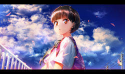 Rule 34 | 1girl, backpack, bag, blue sky, brown hair, cloud, cloudy sky, commentary request, day, dress shirt, green ribbon, highres, letterboxed, marshall (wahooo), neck ribbon, orange eyes, original, outdoors, parted lips, power lines, railing, ribbon, shirt, short hair, short sleeves, sky, solo, thick eyebrows, utility pole, white shirt
