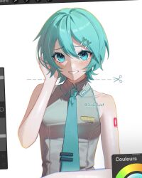 1girl bare_shoulders blush cropped_torso green_eyes green_hair green_necktie grey_shirt grin hair_between_eyes hair_ornament hairclip hatsune_miku highres necktie shinkuplanet shirt simple_background smile solo teeth tie_clip upper_body vocaloid white_background