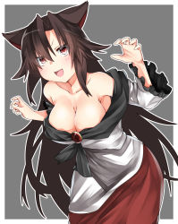 Rule 34 | 1girl, animal ears, bad id, bad pixiv id, bare shoulders, breasts, brooch, brown hair, cleavage, collarbone, dress, grey background, highres, imaizumi kagerou, jewelry, kz oji, large breasts, long hair, long sleeves, open mouth, red eyes, solo, touhou, two-tone background, very long hair, white background, wolf ears