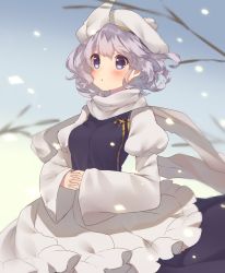 Rule 34 | 1girl, apron, blue eyes, blurry, blush, dress, gradient background, hat, highres, interlocked fingers, letty whiterock, light purple hair, long sleeves, looking away, open mouth, puffy sleeves, scarf, short hair, solo, touhou, usamata, waist apron, wide sleeves