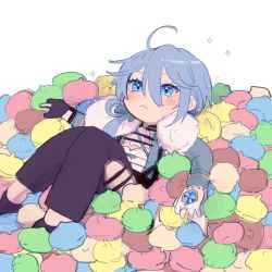 Rule 34 | 1boy, :&lt;, blue eyes, blue hair, chibi, edmond (nu carnival), gloves, kuzumochi m, long hair, long sleeves, lying, male focus, nu carnival, pointing, pointing to the side, ponytail, solo, stuffed animal, stuffed toy, white background