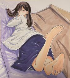 Rule 34 | 1girl, absurdres, barefoot, brown hair, feet, highres, kotatsu, light blush, long hair, looking at viewer, lying, on stomach, soles, table, toes, yellow eyes
